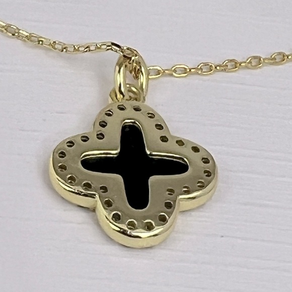 RACHEL ZOE,STERLING SILVER 18KT GOLD PLATED BLACK CLOVER NECKLACE,CUBIC ZIRCONIA - Picture 6 of 15